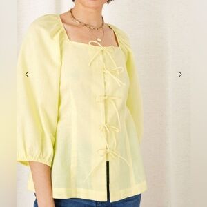 NWOT Ghospell Chic Light Olive Yellow Blouse with Bow Details